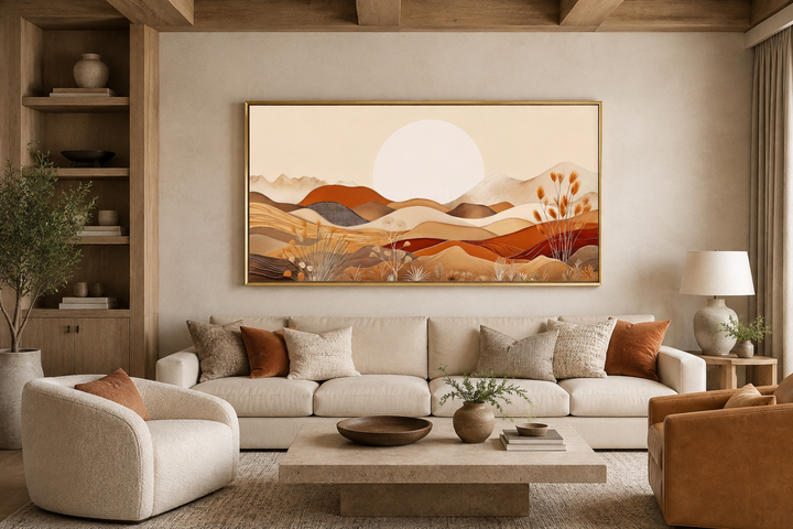 Boho desert landscape wall art with rolling dunes and sun in neutral earth tones above a sofa.