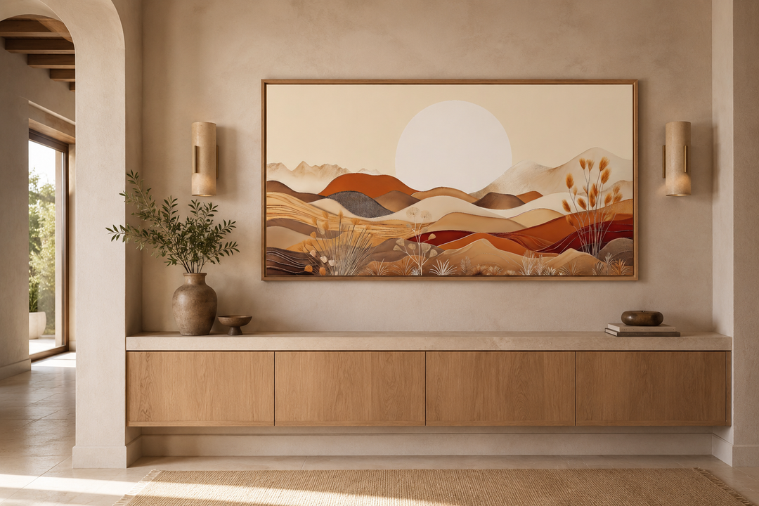 Boho desert mid-century landscape framed canvas art in neutral earth tones above a wooden console.