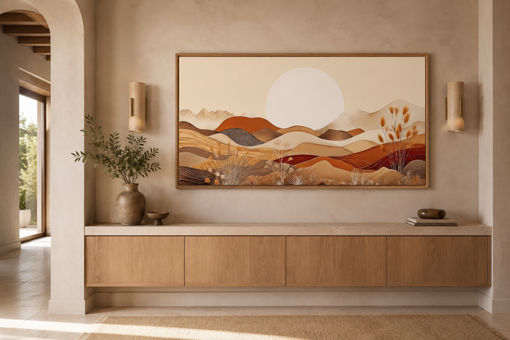 Boho desert mid-century landscape framed canvas art in neutral earth tones above a wooden console.