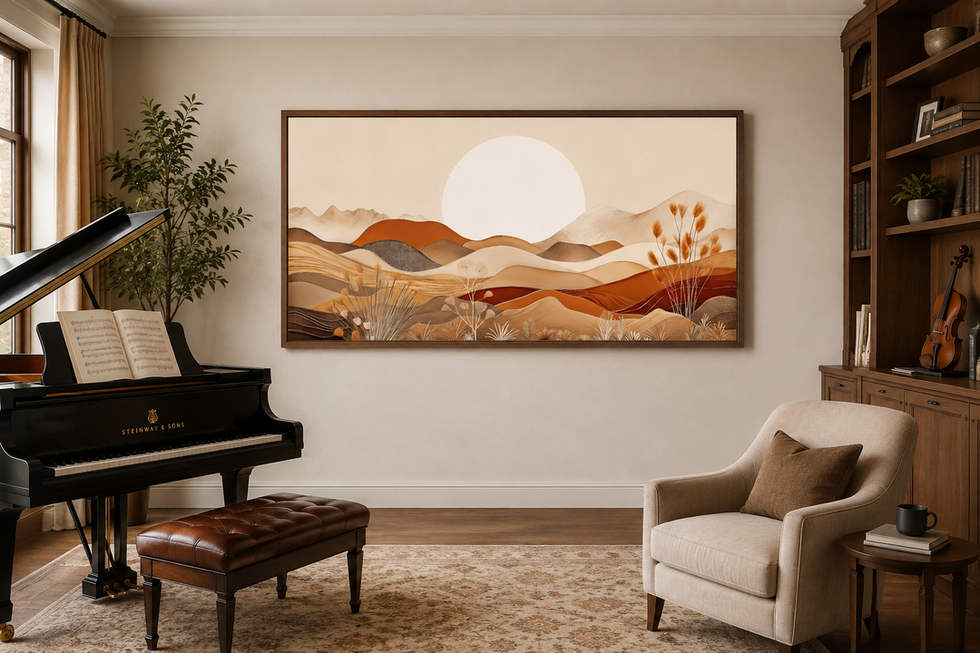 Boho desert landscape framed canvas wall art in neutral earth tones above a piano and armchair.