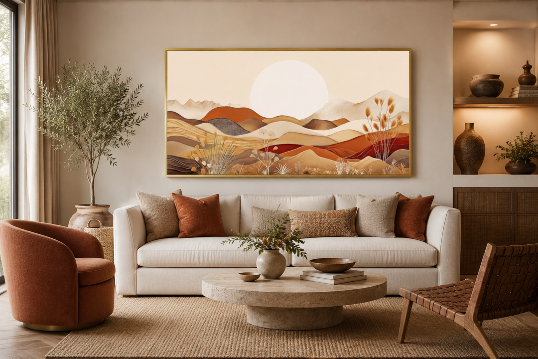 Boho desert landscape wall art with rolling dunes and mountains in neutral earth tones.