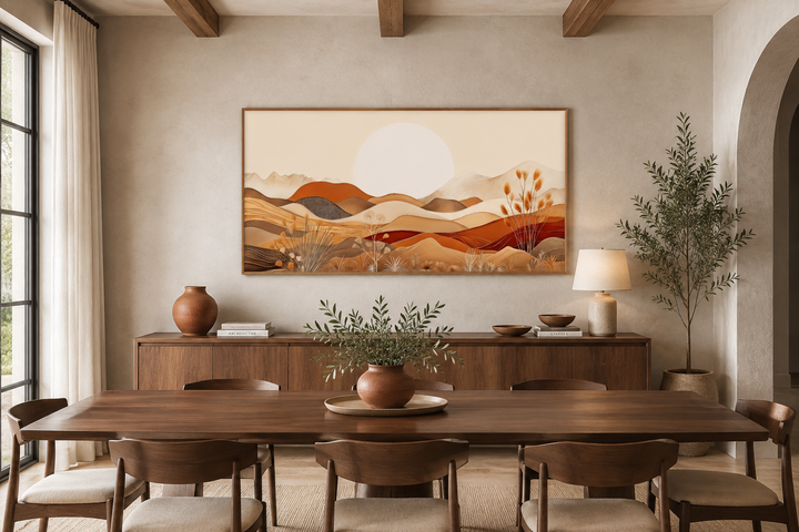Boho desert landscape framed canvas wall art in neutral earth tones above a wooden sideboard.