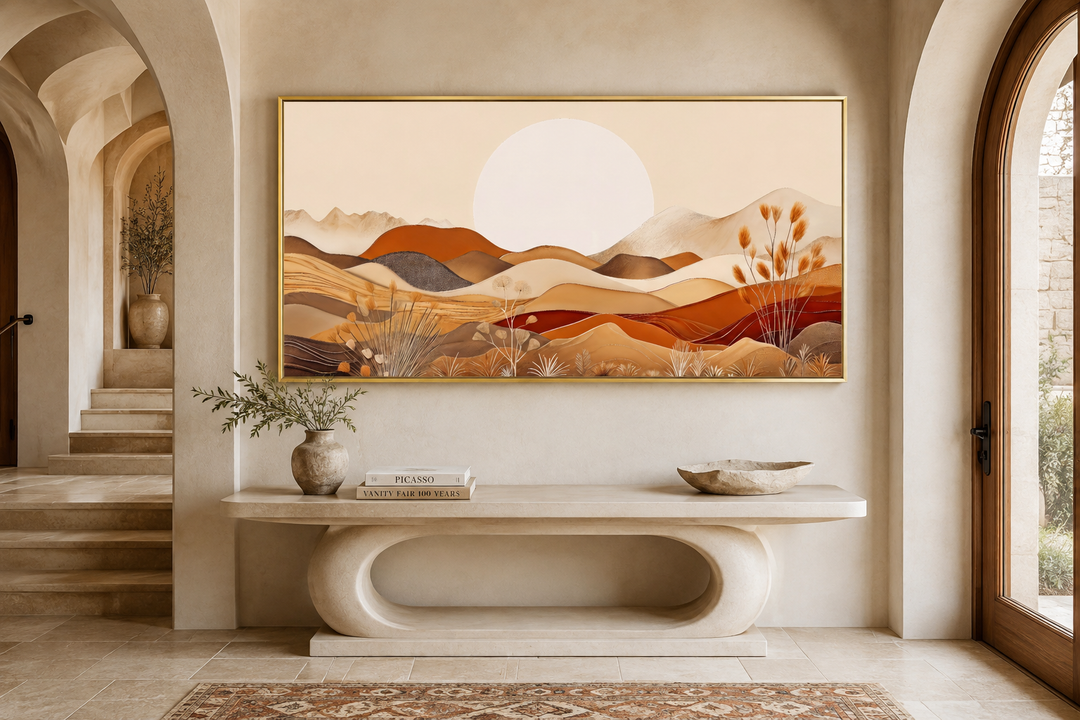 Boho desert landscape framed canvas art with rolling dunes and mountains in neutral earth tones.