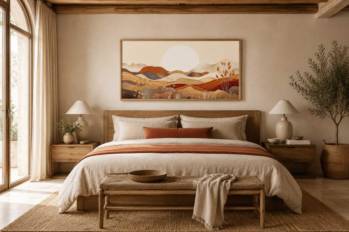 Boho desert landscape wall art with rolling dunes and sun in a neutral-toned bedroom setting.