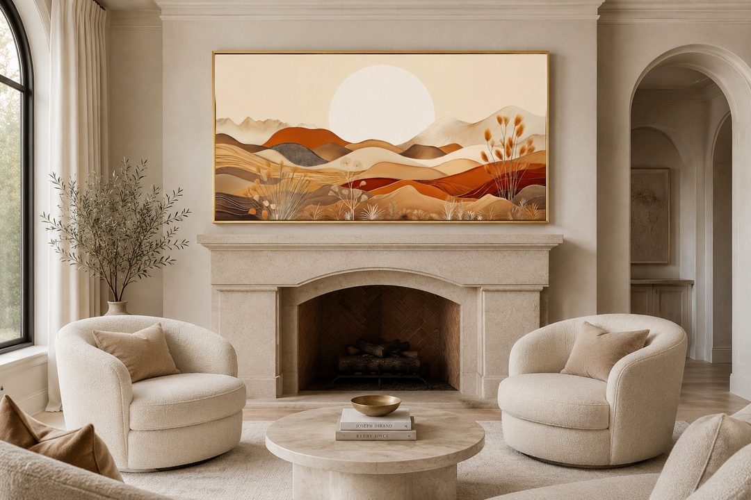 Boho desert mid-century landscape framed canvas art with rolling dunes in neutral earth tones.