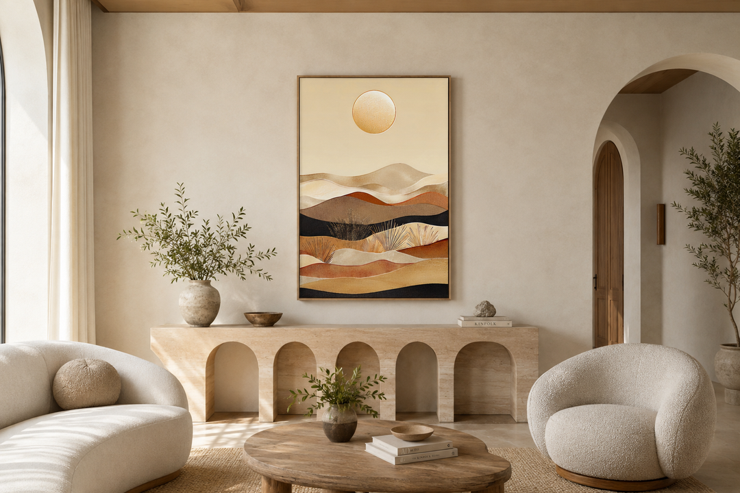 Boho desert vertical framed canvas wall art with neutral sand dunes and a golden sun.