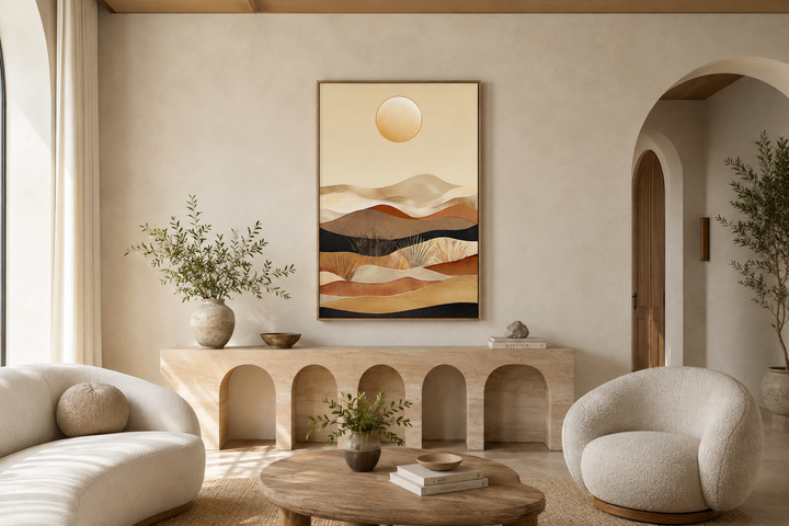 Boho desert vertical framed canvas wall art with neutral sand dunes and a golden sun.
