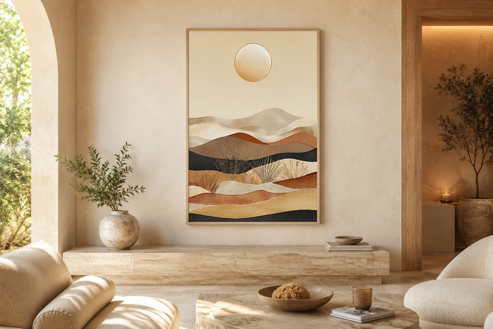 Boho desert vertical mid-century modern framed canvas wall art with neutral sand dunes and sun.