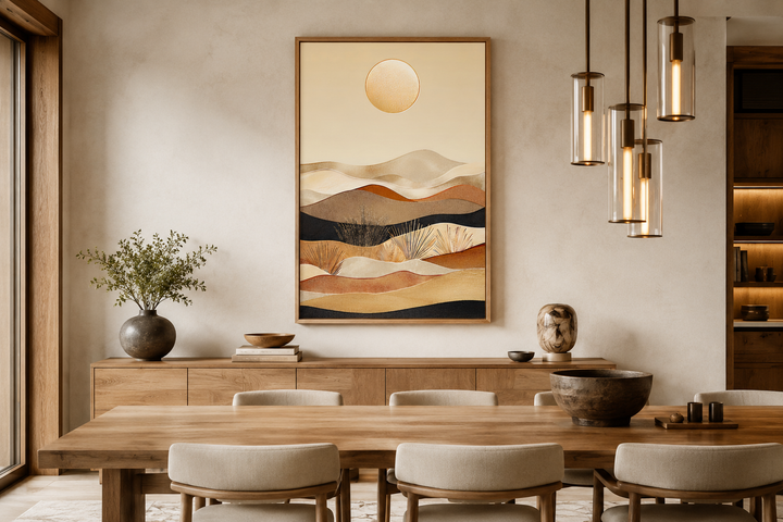 Boho desert vertical framed canvas wall art with neutral sand dunes and a golden sun.