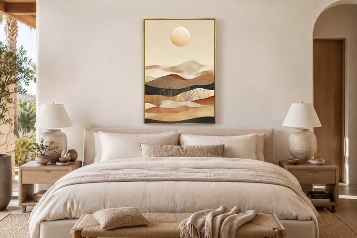 Boho desert vertical mid-century modern framed canvas wall art in neutral colors above a bed.