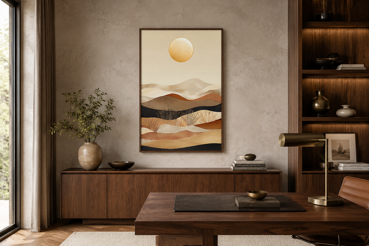Boho desert vertical mid-century modern framed canvas wall art in neutral colors above a sideboard.