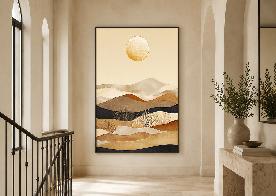 Boho desert vertical framed canvas wall art with rolling dunes and a sun in neutral earthy tones.