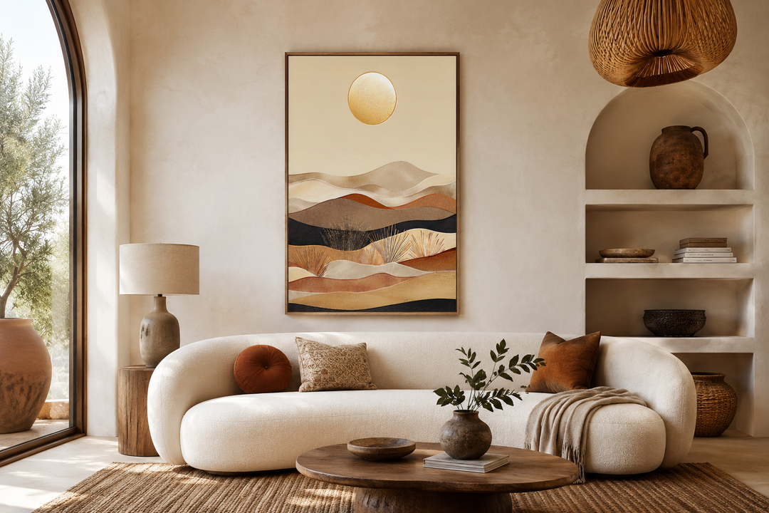 Boho desert vertical framed canvas wall art with rolling sand dunes and a golden sun.