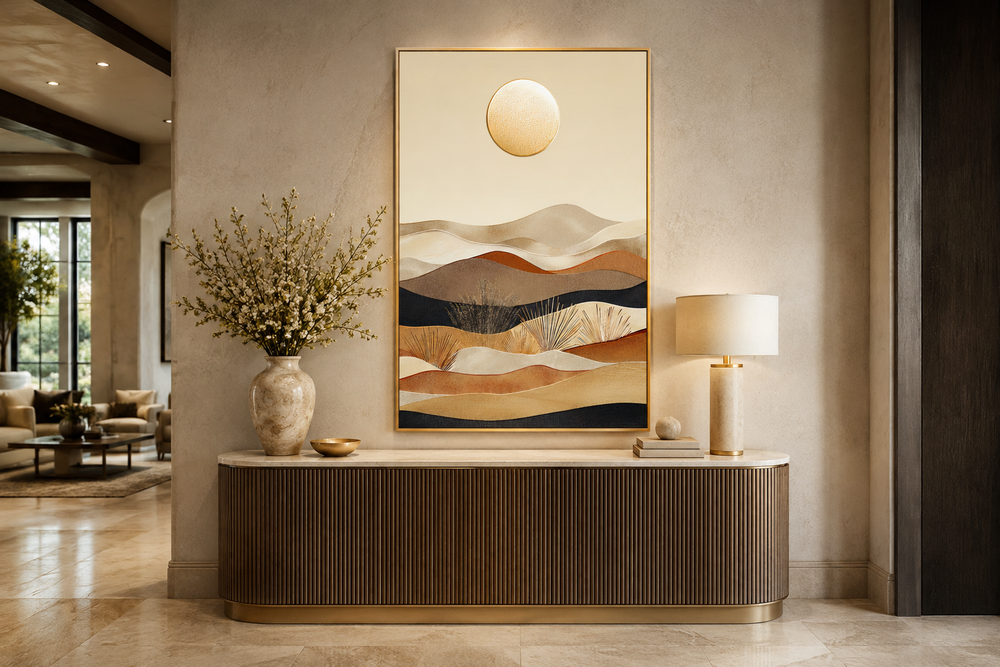 Vertical framed canvas art of a boho desert landscape with sand dunes and a sun in neutral tones.