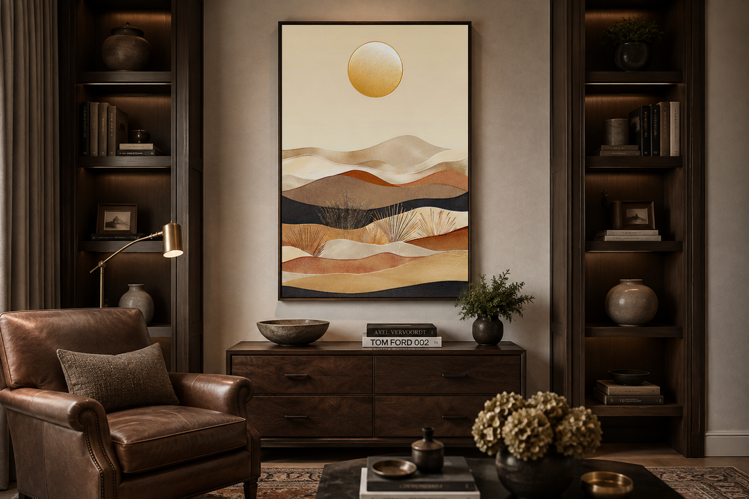 Framed vertical canvas art of a boho desert landscape with sand dunes and a golden sun.