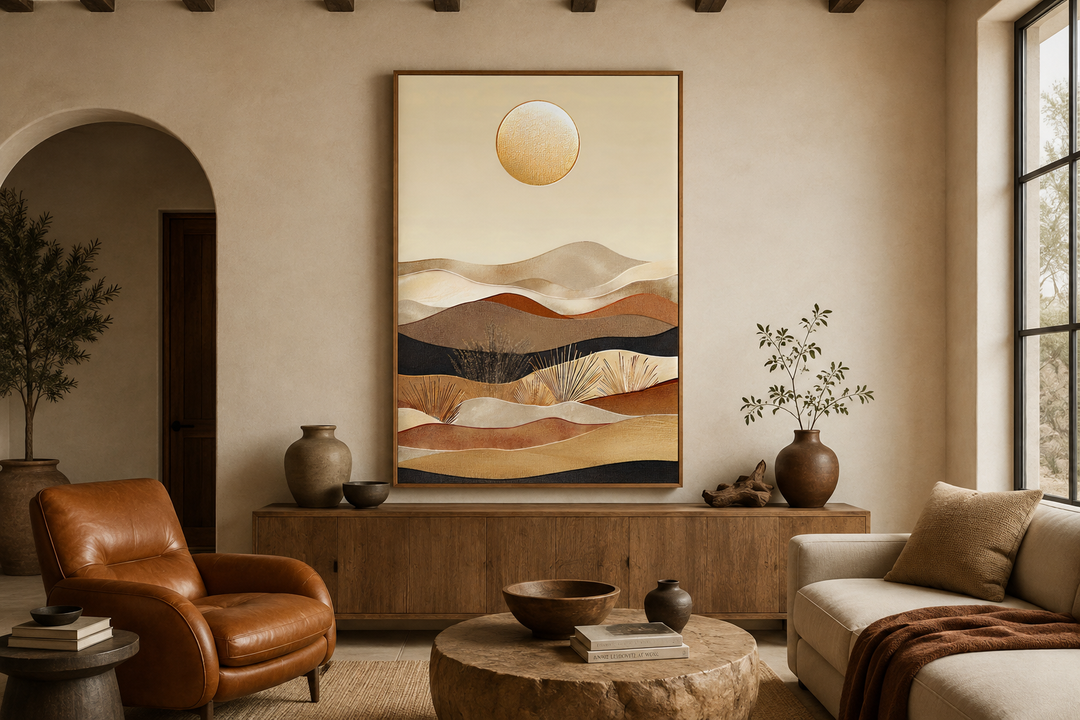 Boho desert vertical framed canvas wall art with rolling sand dunes and a sun in neutral colors.
