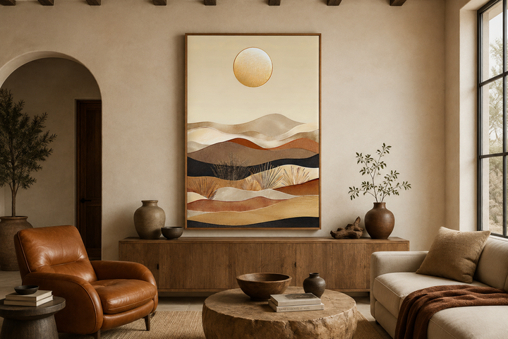 Boho desert vertical framed canvas wall art with rolling sand dunes and a sun in neutral colors.