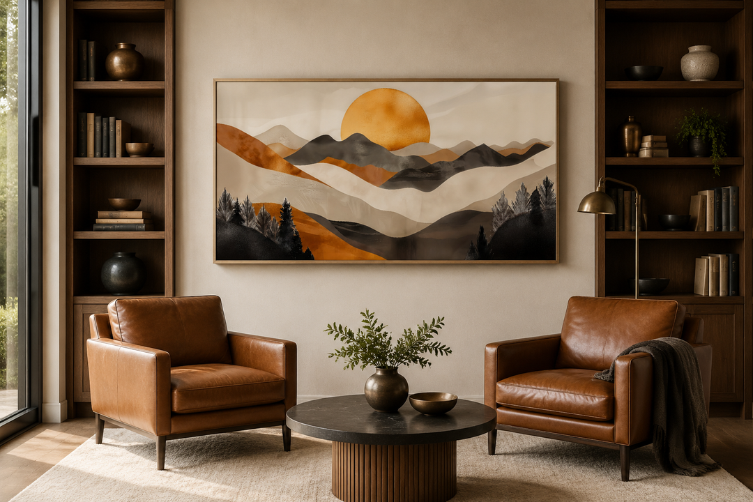 Boho mountain and sun framed canvas wall art in earth tones above two leather chairs.