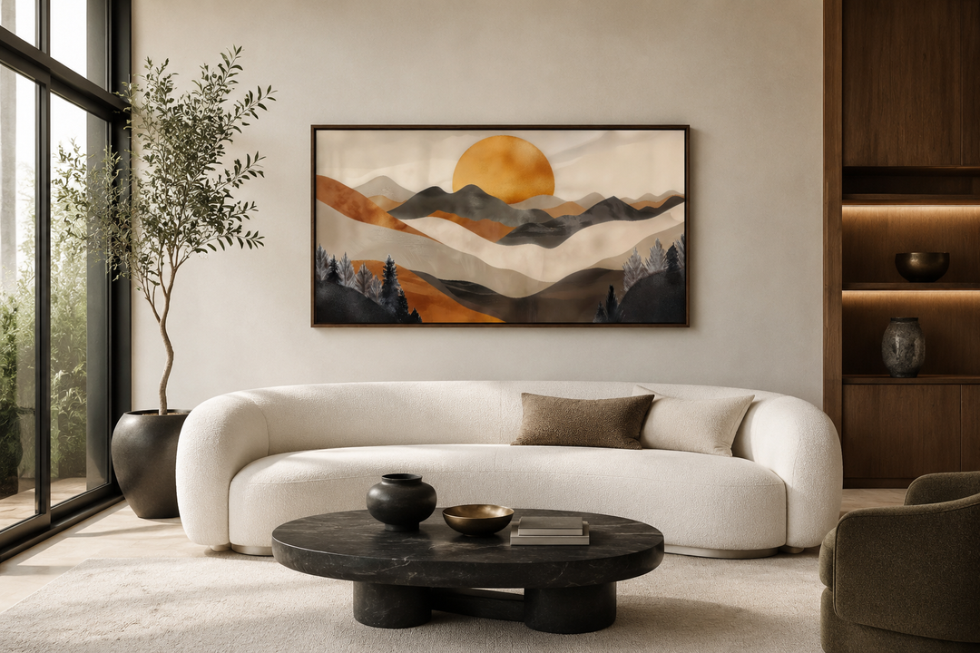 Boho mountain and sun framed canvas wall art in earth tones above a white sofa in a living room.