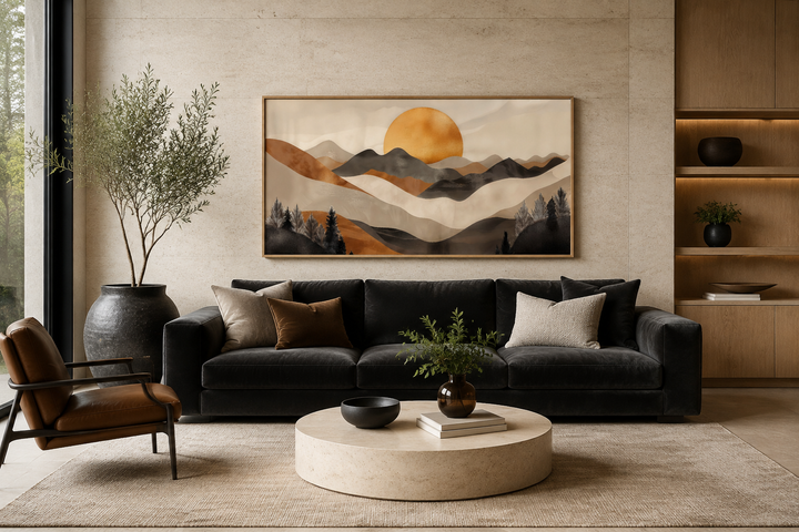 Boho mountain and sun framed canvas wall art in earth tones above a black sofa in a living room.