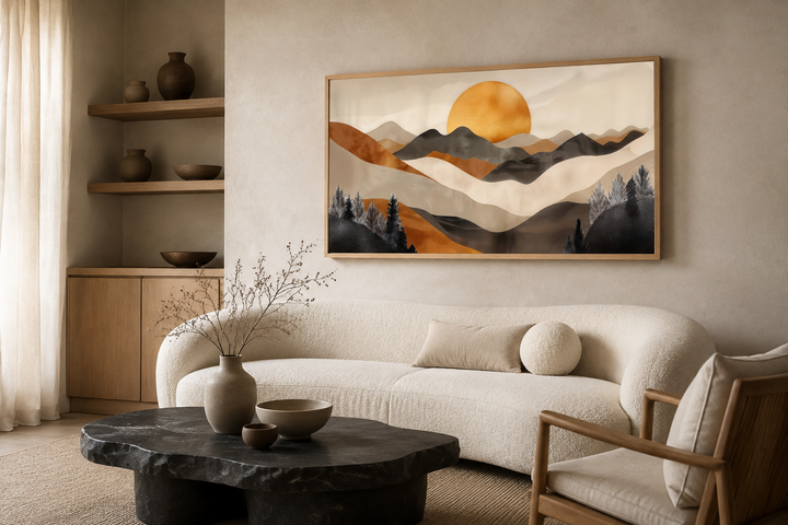 Boho mountain and sun framed canvas wall art in earth tones hanging above a white curved sofa.