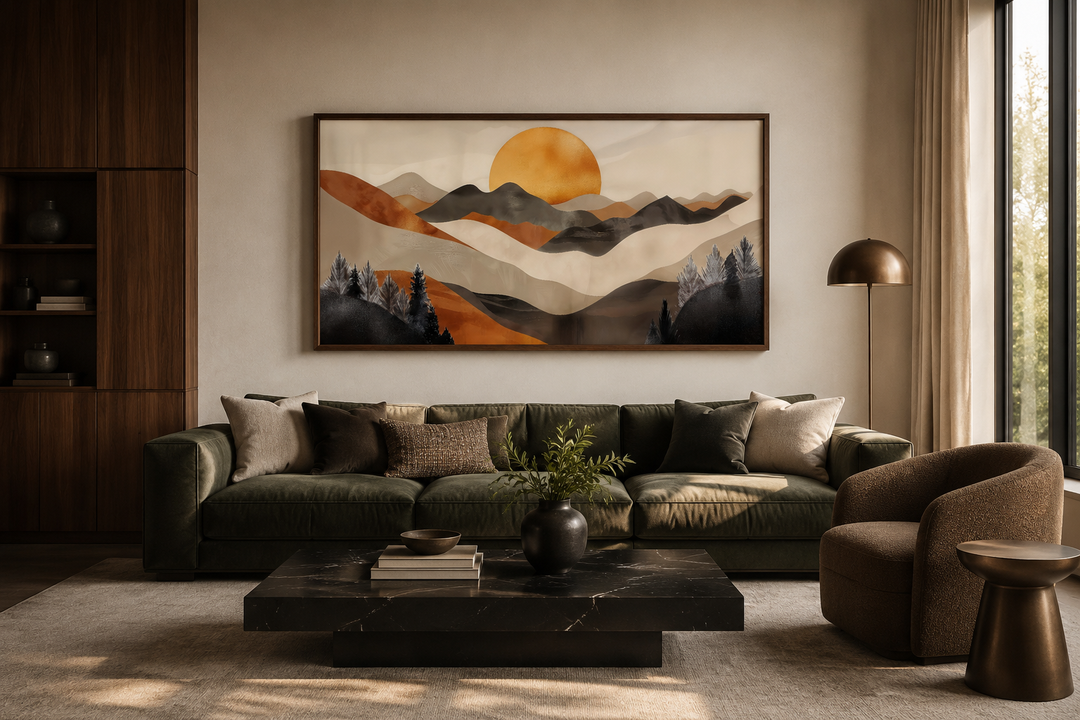 Boho mountain and sun framed canvas wall art in earth tones above a green sofa in a living room.