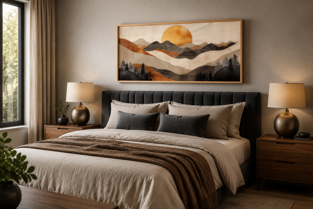 Boho mountain and sun framed canvas wall art in earth tones hanging above a bed.
