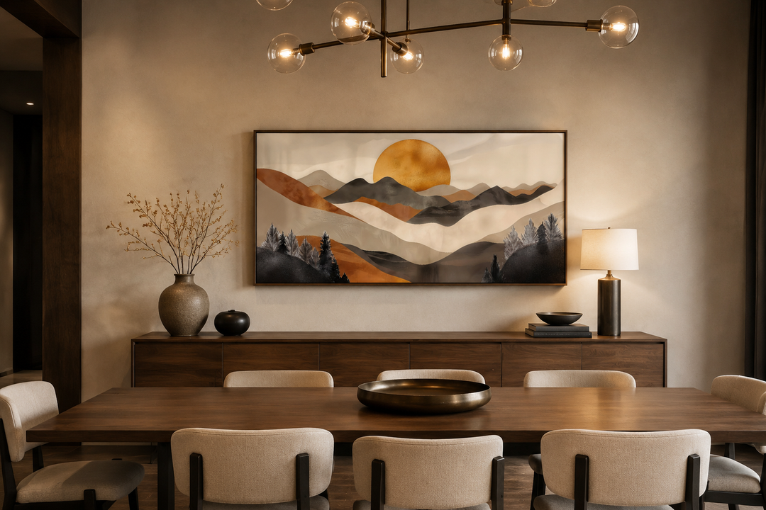 Boho framed canvas wall art featuring a mountain landscape and sun in brown and beige earth tones.