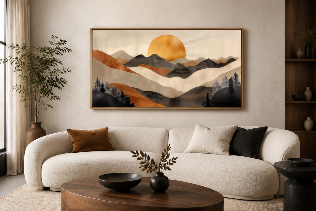 Boho framed canvas wall art featuring a minimalist mountain landscape in brown and beige earth tones