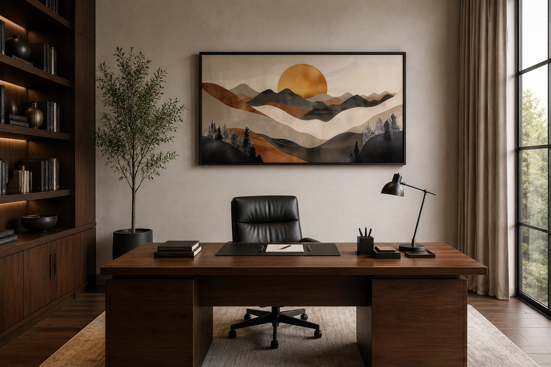 Boho mountain and sun framed canvas wall art in earth tones hanging above a dark wood office desk.