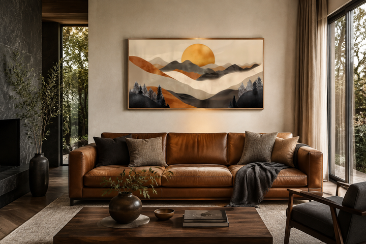 Boho mountain and sun framed canvas wall art in earth tones above a brown leather sofa.