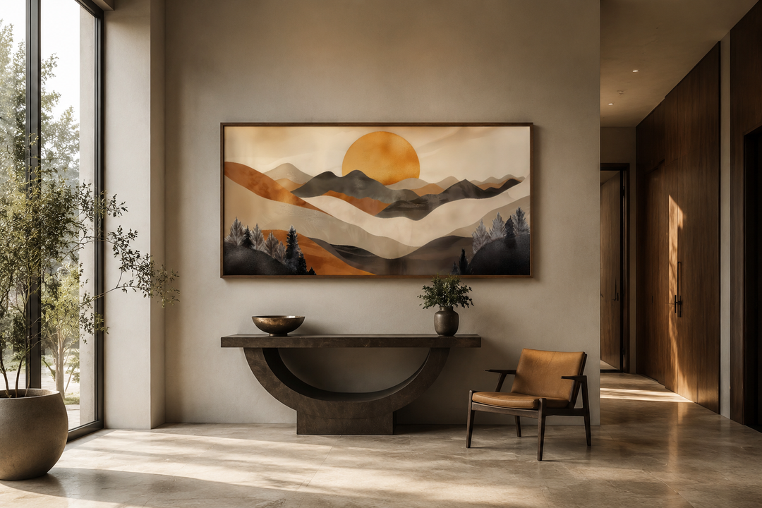 Boho mountain and sun framed canvas wall art in brown and beige earth tones above a console table.