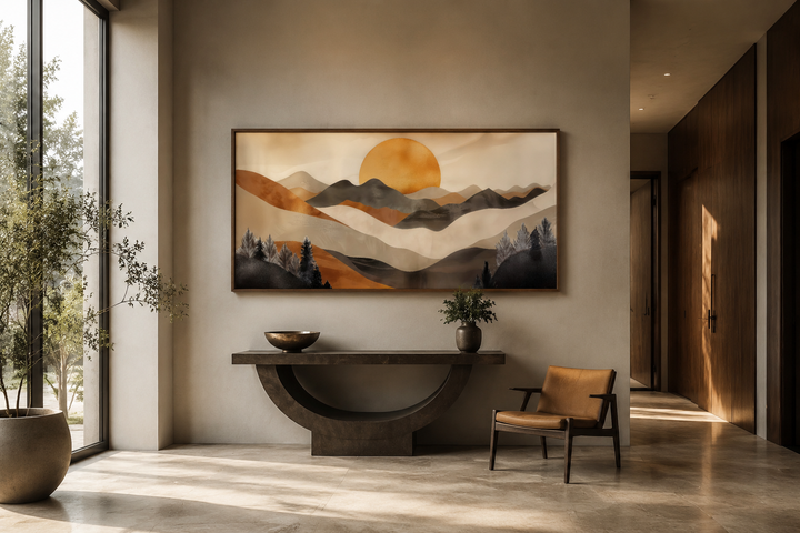 Boho mountain and sun framed canvas wall art in brown and beige earth tones above a console table.