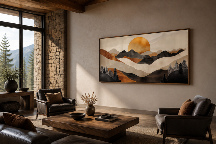 Boho framed canvas wall art featuring mountain silhouettes and a sun in brown and beige earth tones.