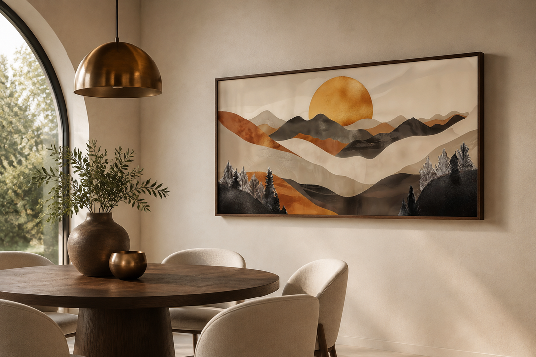 Boho mountain and sun framed canvas wall art in brown and beige earth tones above a dining table.