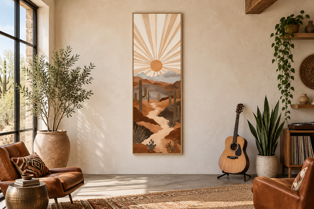 Tall narrow boho canvas art of a saguaro cactus desert landscape in terracotta and amber tones.