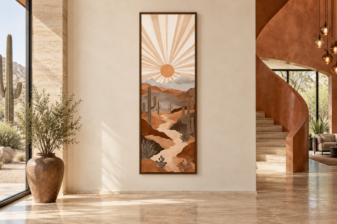 Tall narrow Boho Saguaro wall art featuring a desert landscape with sun rays in terracotta tones.