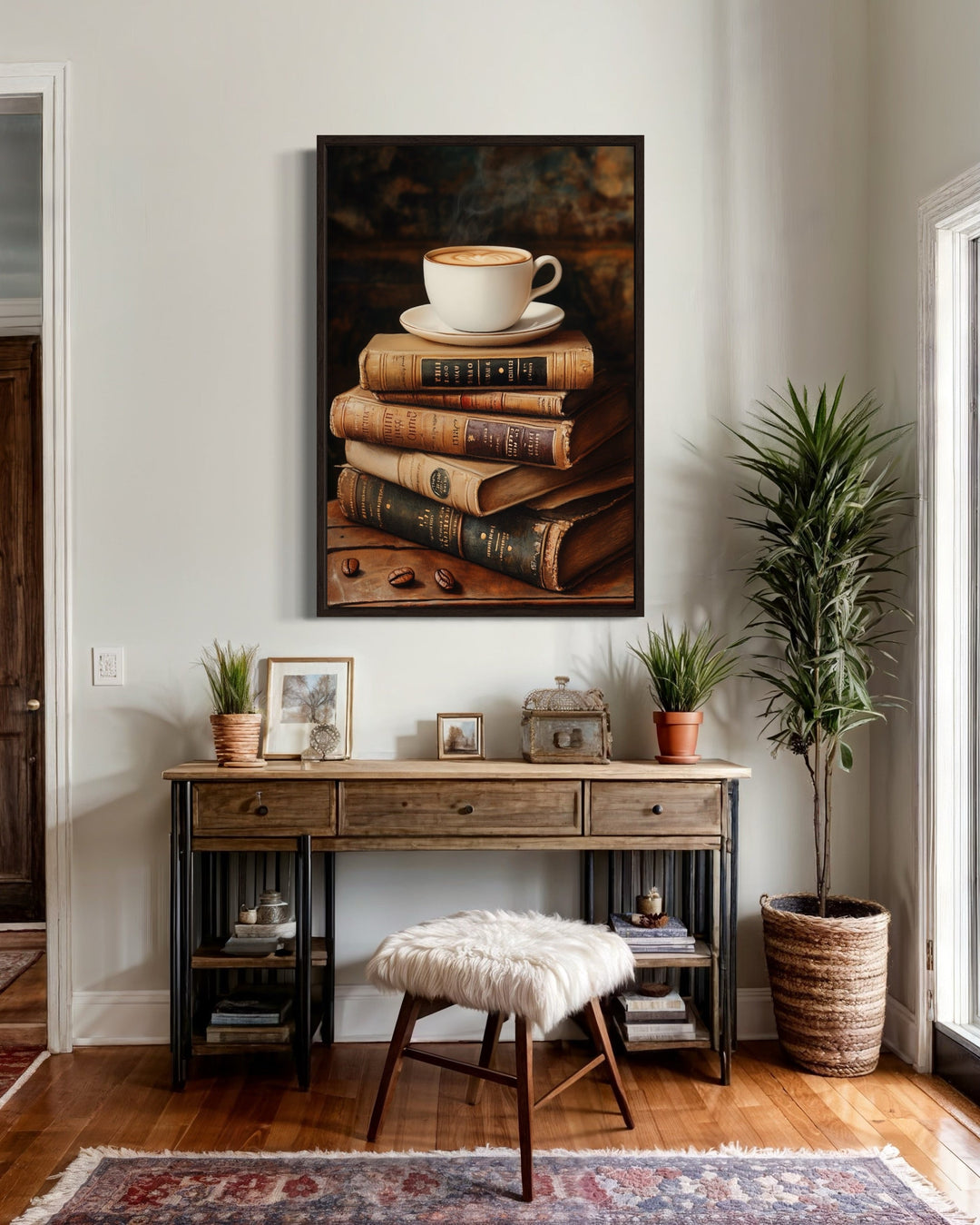 Books And Coffee Framed Canvas Wall Art For Library Decor