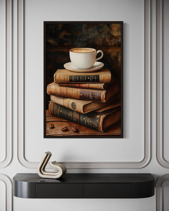 Books And Coffee Framed Canvas Wall Art For Library Decor