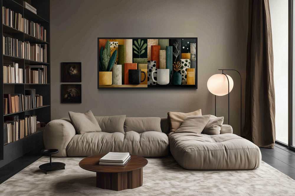 Books And Coffee Mugs Abstract Library Wall Decor