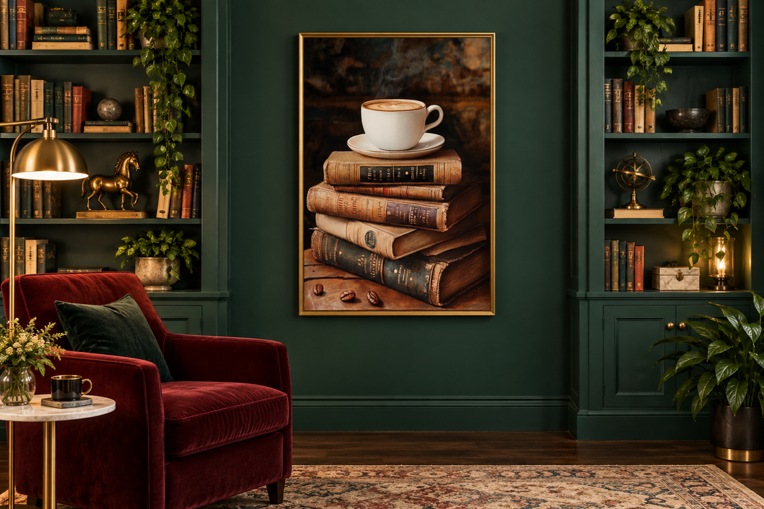 Framed canvas art of a steaming coffee cup on vintage books, centered in a dark green library room.