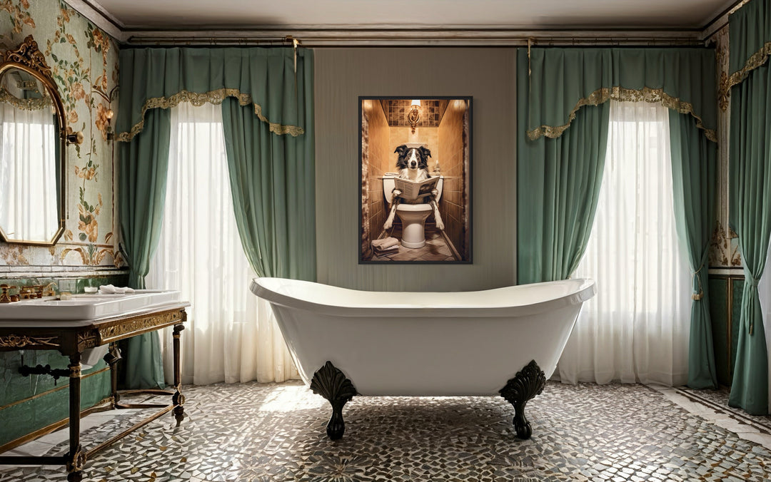 Border Collie Dog On The Toilet Reading Newspaper Picture