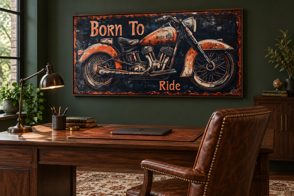 Vintage red motorcycle canvas print with "Born To Ride" text in a dark green office setting.