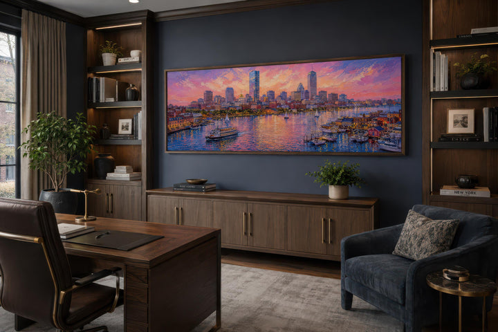 Boston City Skyline Art – Long Horizontal Canvas Print | Sunset Cityscape Decor
