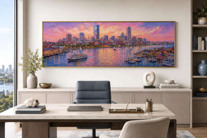 Boston City Skyline Art – Long Horizontal Canvas Print | Sunset Cityscape Decor