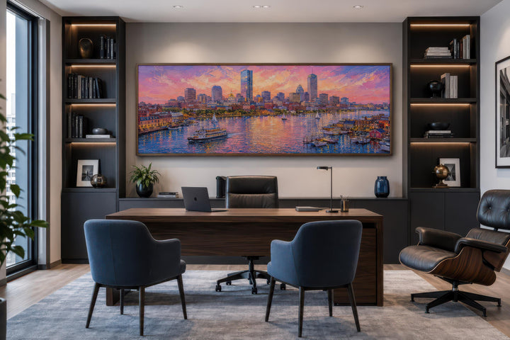 Boston City Skyline Art – Long Horizontal Canvas Print | Sunset Cityscape Decor