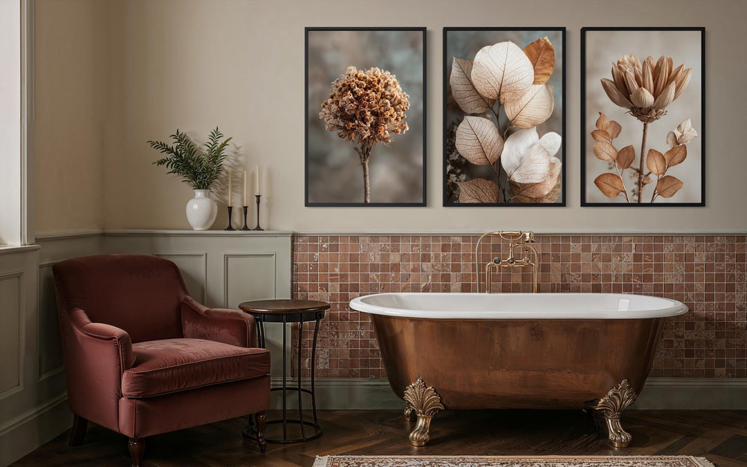 Botanical Wall Art Set of 3 – Neutral Beige and Brown Dried Flower and Plant Prints