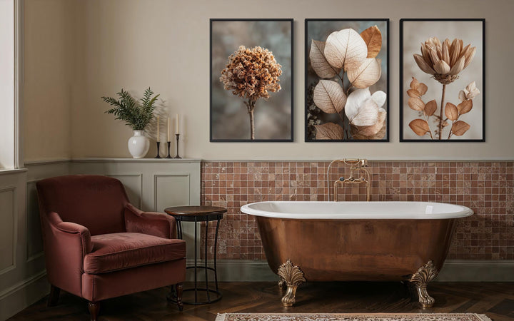 Botanical Wall Art Set of 3 – Neutral Beige and Brown Dried Flower and Plant Prints