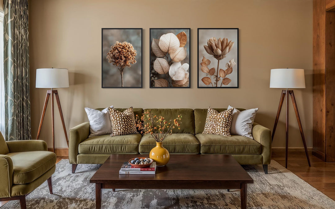 Botanical Wall Art Set of 3 – Neutral Beige and Brown Dried Flower and Plant Prints