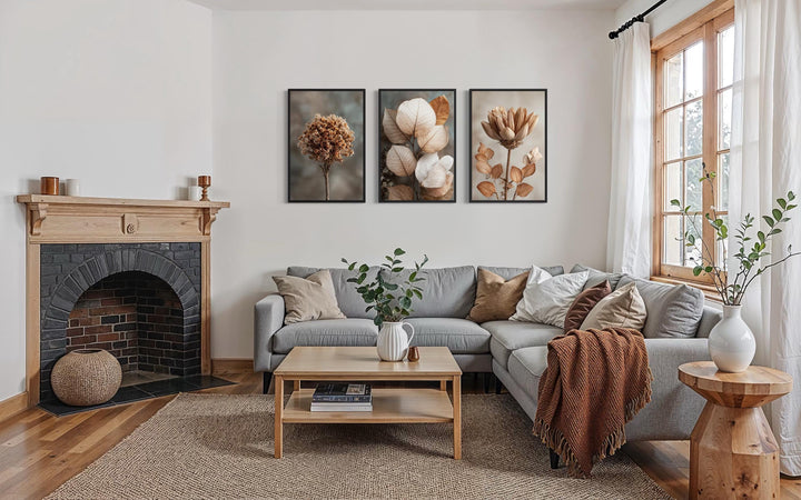Botanical Wall Art Set of 3 – Neutral Beige and Brown Dried Flower and Plant Prints